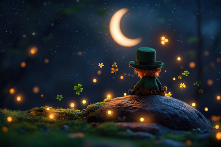Enchanting night scene with leprechaun and glowing clovers under crescent moon.の写真素材