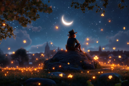 Young caucasian male in hat sitting on rock under crescent moon surrounded by glowing fireflies.の写真素材