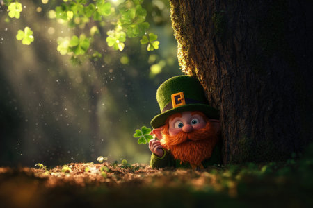 Whimsical leprechaun with shamrock in enchanted forest scene.の写真素材