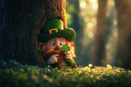 Whimsical leprechaun peeking from tree with clover in enchanted forest.の写真素材