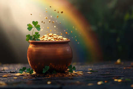 Pot of gold with clover and rainbow in magical sunlight.の写真素材