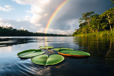 Tranquil rainforest lake with rainbow and lily pads under cloudy sky.