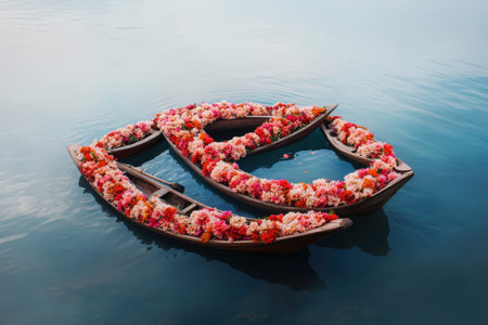 Three wooden boats adorned with colorful flowers floating on calm water.の写真素材