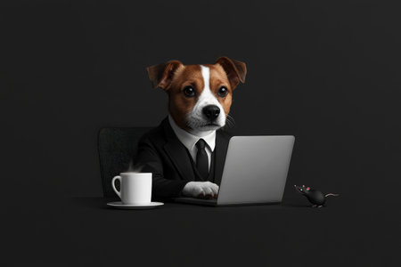 Dog in suit working on laptop with coffee and mouse in office setting.の写真素材