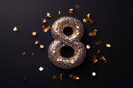 Sparkling silver number eight with golden confetti on black background.の写真素材