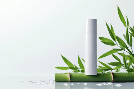 Minimalist cosmetic bottle with bamboo and water droplets on light background.の写真素材