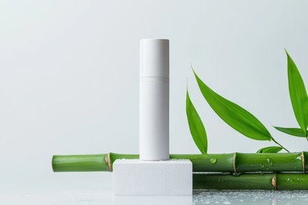 Minimalist white bottle on bamboo background with dewy leaves for skincare concept.の写真素材