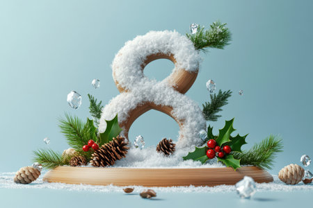 Festive wooden number eight with snow, pinecones, and holly on winter display.の写真素材