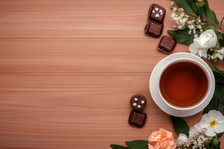 Tea cup on wooden surface with chocolates and blossoms.の写真素材