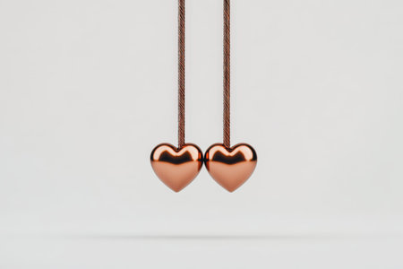Copper heart pendants on brown cords against light background.