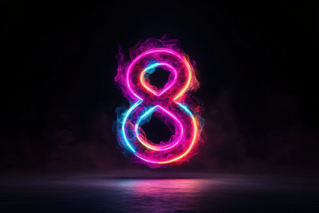 Neon glowing number eight in dark misty atmosphere.の写真素材