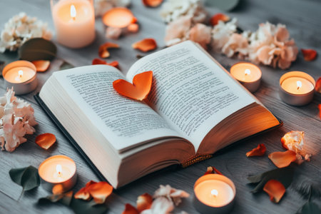 Romantic open book with heart-shaped petal surrounded by candles and rose petals.の写真素材