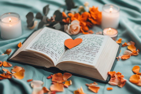 Open book with heart, orange flowers, and candles on teal fabric.の写真素材