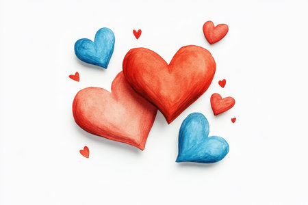 Colorful watercolor heart collection with red and blue hearts on white background.