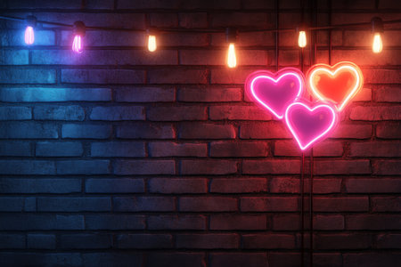 Neon heart lights on brick wall with hanging bulbs in romantic ambiance.の写真素材