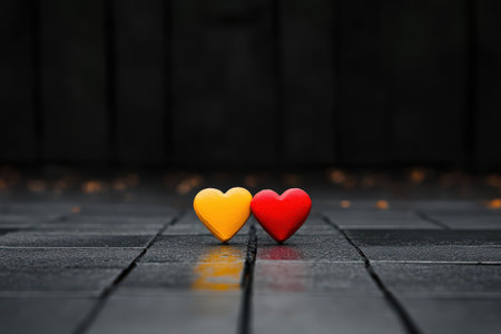 Two colorful heart-shaped objects on reflective dark surface.の写真素材