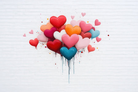 Colorful heart graffiti on white brick wall.の写真素材