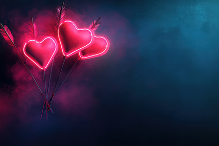 Neon heart balloons with feathers on vibrant smoky background.の写真素材