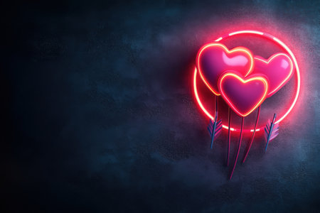 Neon heart balloons with arrow on dark textured background.の写真素材