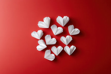 Origami heart art: white paper hearts on red background.の写真素材