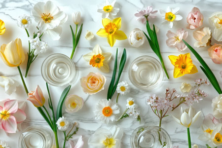 Spring flower arrangement on marble surface with daffodils and roses.の写真素材