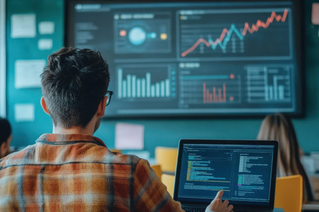 Young caucasian male analyzing data with laptop in modern office environment.