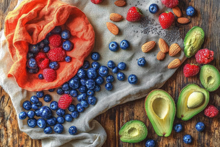 Fresh blueberries, raspberries, almonds, and avocados on rustic wooden table.の写真素材