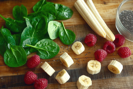 Fresh spinach, bananas, and raspberries on wooden table with chia seeds.の写真素材
