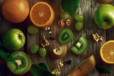 Assortment of fresh fruits with kiwis, oranges, apples, and grapes on rustic wood table.の写真素材