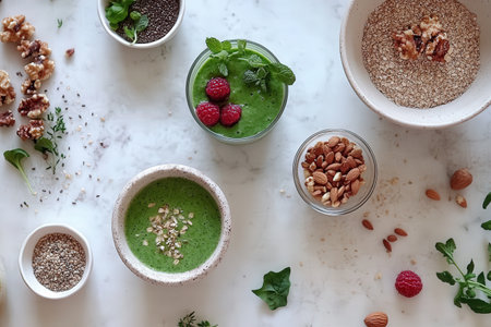 Healthy green smoothie bowls with nuts and seeds on marble surface.の写真素材