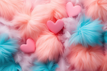 Colorful fluffy feathers and pink hearts - pastel textures and softness.の写真素材