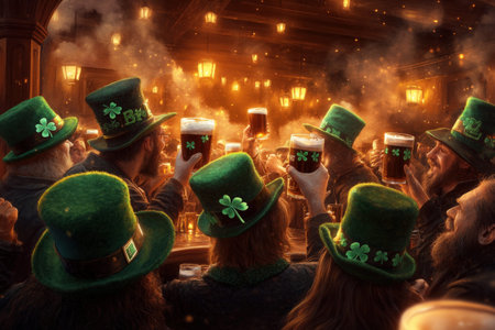 Celebration of St. patrick's day in irish pub with green hats and beer.