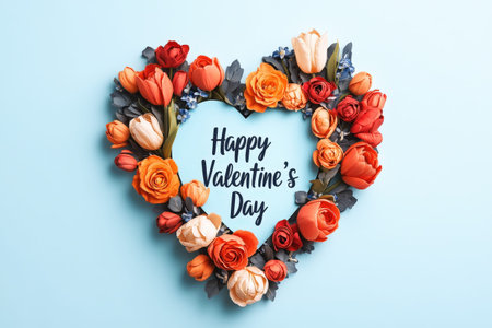 Heart-shaped flower arrangement with happy valentine's day text on light blue background.