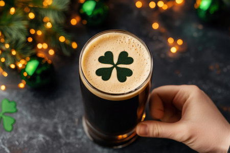 St. patrick's day celebration with clover stout beer and festive lights.