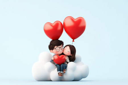 Cute cartoon couple sitting on cloud with heart balloons.の写真素材