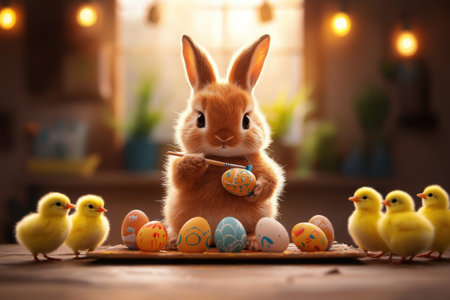 Cute bunny painting easter eggs with yellow chicks in cozy room.の写真素材