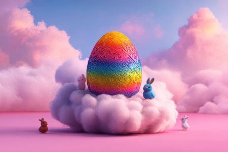 Vibrant multicolor egg on cloud with bunnies and pastel sky.の写真素材