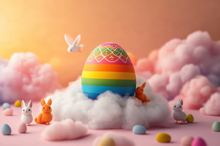 Colorful easter egg with bunnies and birds in a dreamy cloudscape.の写真素材