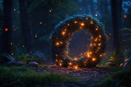 Enchanted forest portal illuminated by glowing fireflies.の写真素材