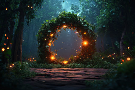 Mystical forest portal illuminated with enchanted glowing lights at night.の写真素材