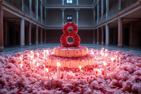 Elegant pink floral cake display with candles in grand hall.