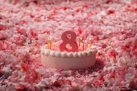 Pink floral-themed 8th birthday cake with candles among blossoms.の写真素材