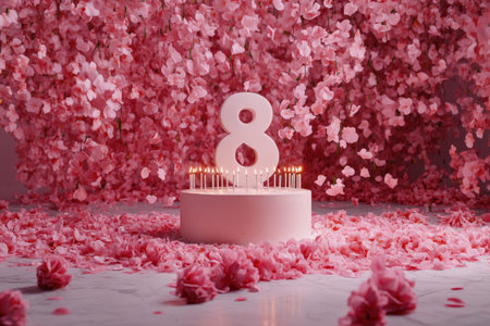 Elegant pink birthday celebration with large number eight cake and floral decor.