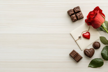 Romantic gift setup with red rose, heart pendant, and chocolates on wooden background.の写真素材