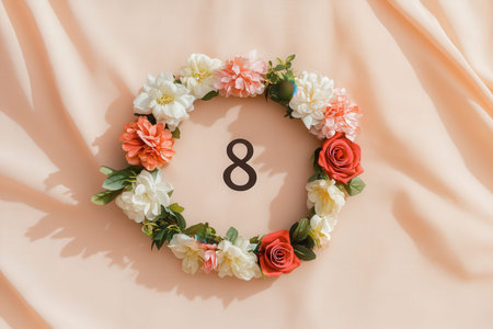 Floral wreath with number eight on peach background.