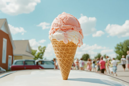 Strawberry and vanilla ice cream cone on a sunny day in a park.の写真素材