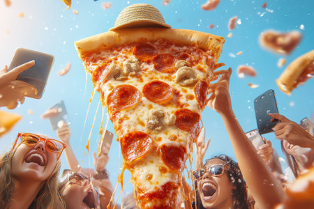 Giant pizza slice fun with diverse group taking selfies at outdoor party.の写真素材