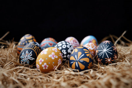 Colorful hand-painted easter eggs on straw in front of black background.の写真素材