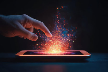 Futuristic interaction: male hand touching digital tablet with sparkling light effect.の写真素材