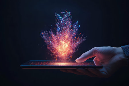 Male hand holding smartphone with magical light explosion effect at night.の写真素材
